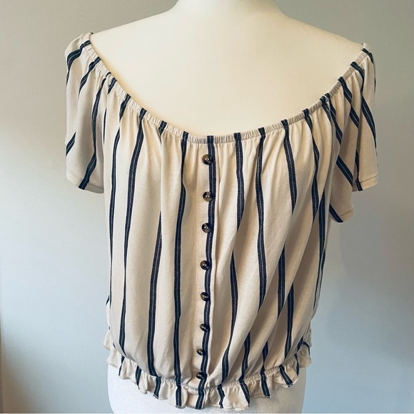 VINTAGE On/Off Shoulder Off White Top - Black Strip - Waist Elastic - Size L - Picture 6 of 11